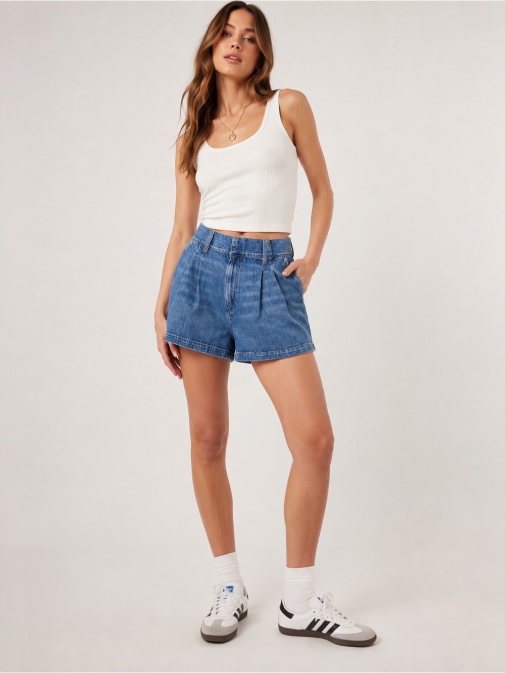 ABLE Pleated Denim Shorts High Rise Relaxed Blue Cotton Blend Medium